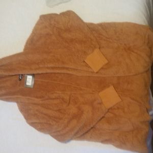 Hooded cocoon faux fur jacket in camel